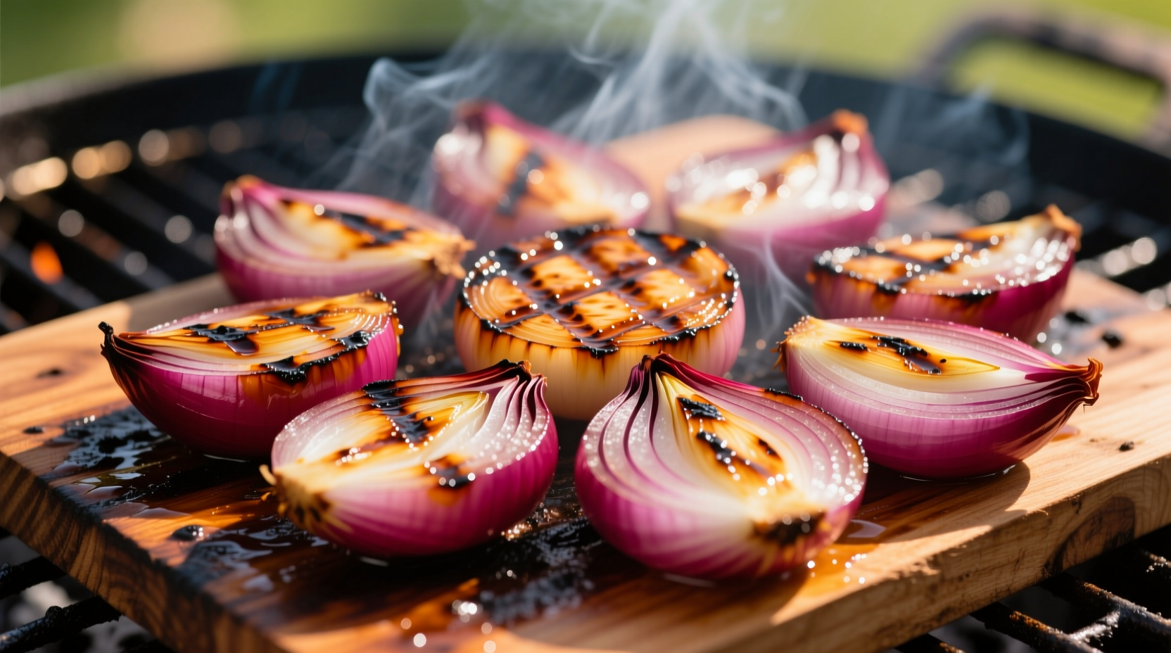 Grilled red onion slices with char marks on barbecue