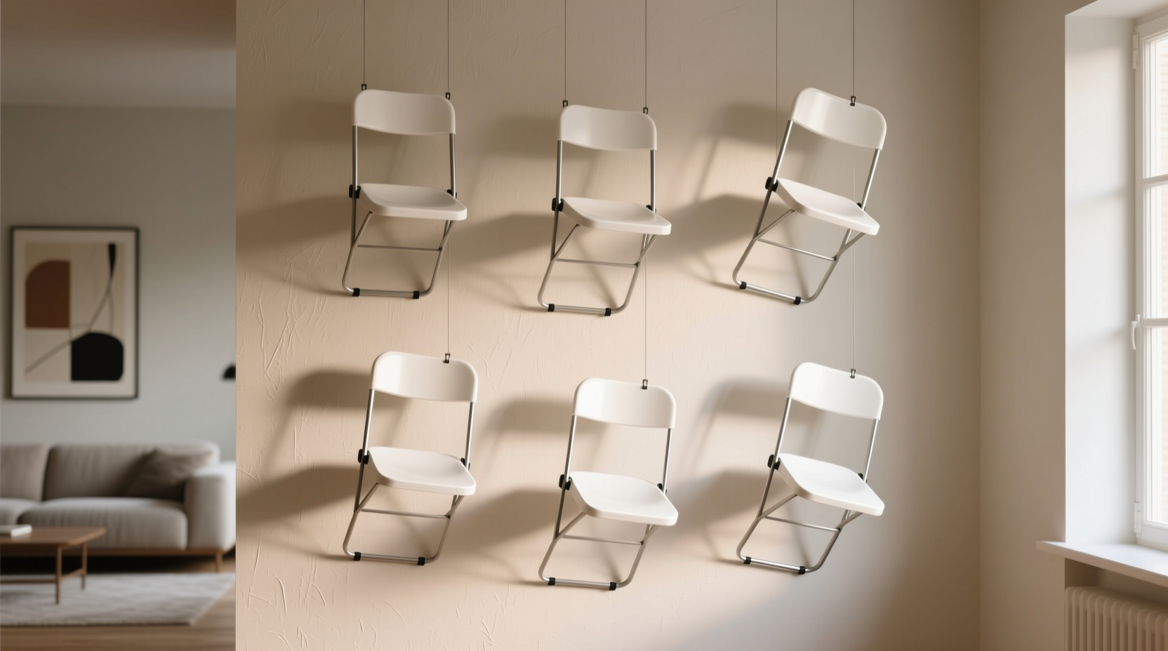 hang folding chairs on your wall to provide temporary s