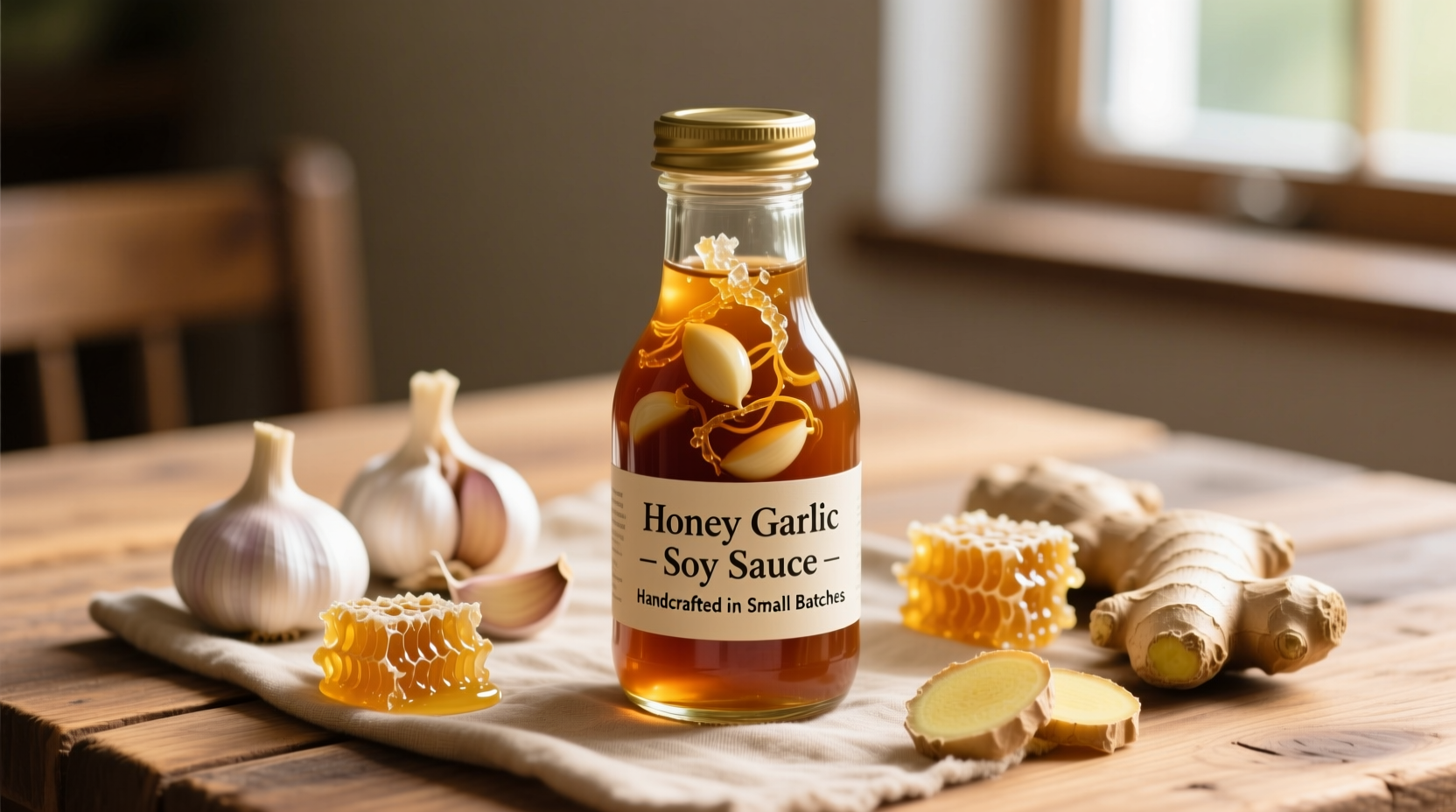 Homemade honey garlic soy sauce in glass bottle with fresh ingredients