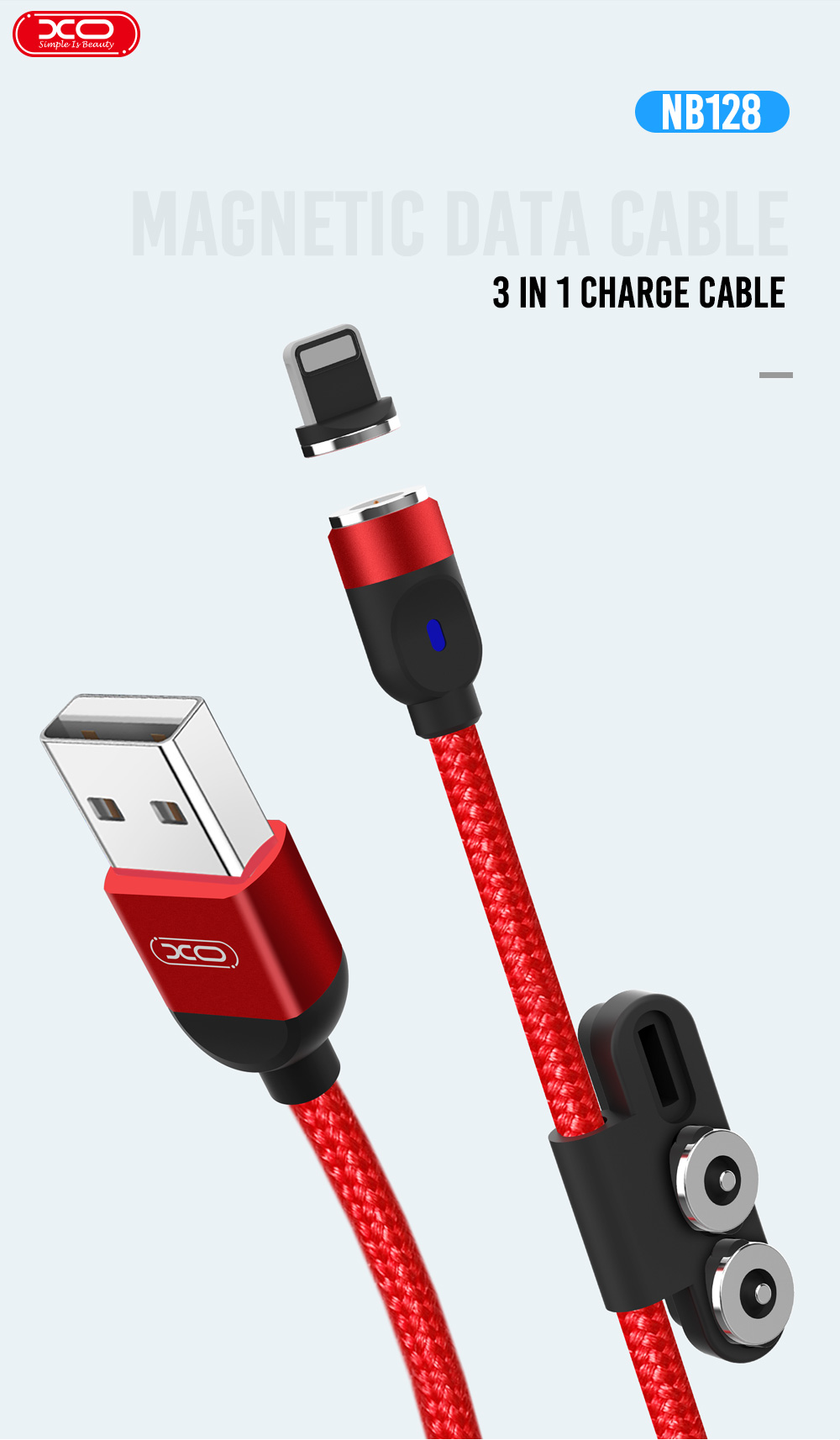 XO NB128 3 In 1 Magnetic Data Cable  Black  Red 1M  USB Cable For Mobile Phone Magnet  Pure Copper  Date Cable