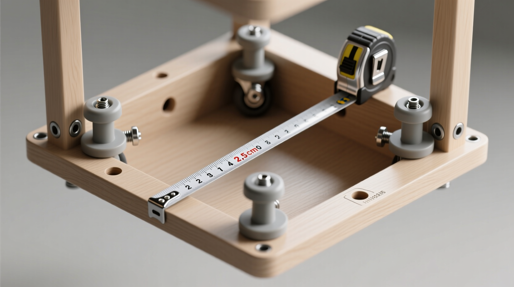 Top-down view of an assembled IKEA LACK side table flipped upside-down, showing four polyurethane casters mounted at precise corners with visible pilot holes and clean screw heads; a tape measure confirms 2.5 cm inset from edges