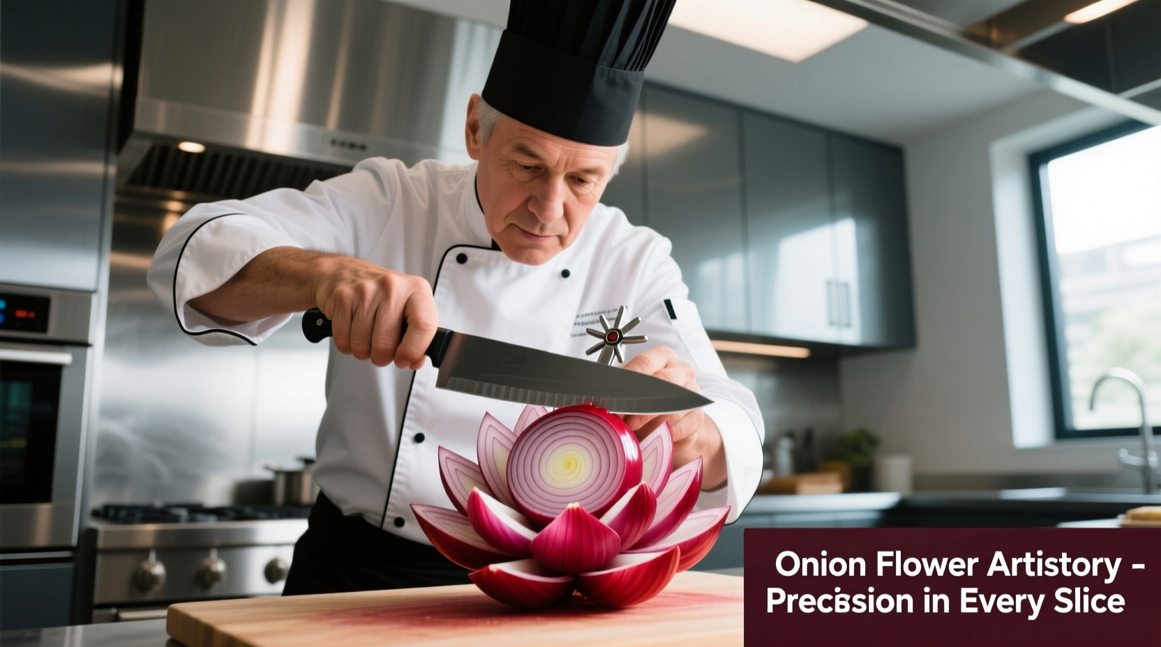 Professional chef using onion flower cutter on red onion
