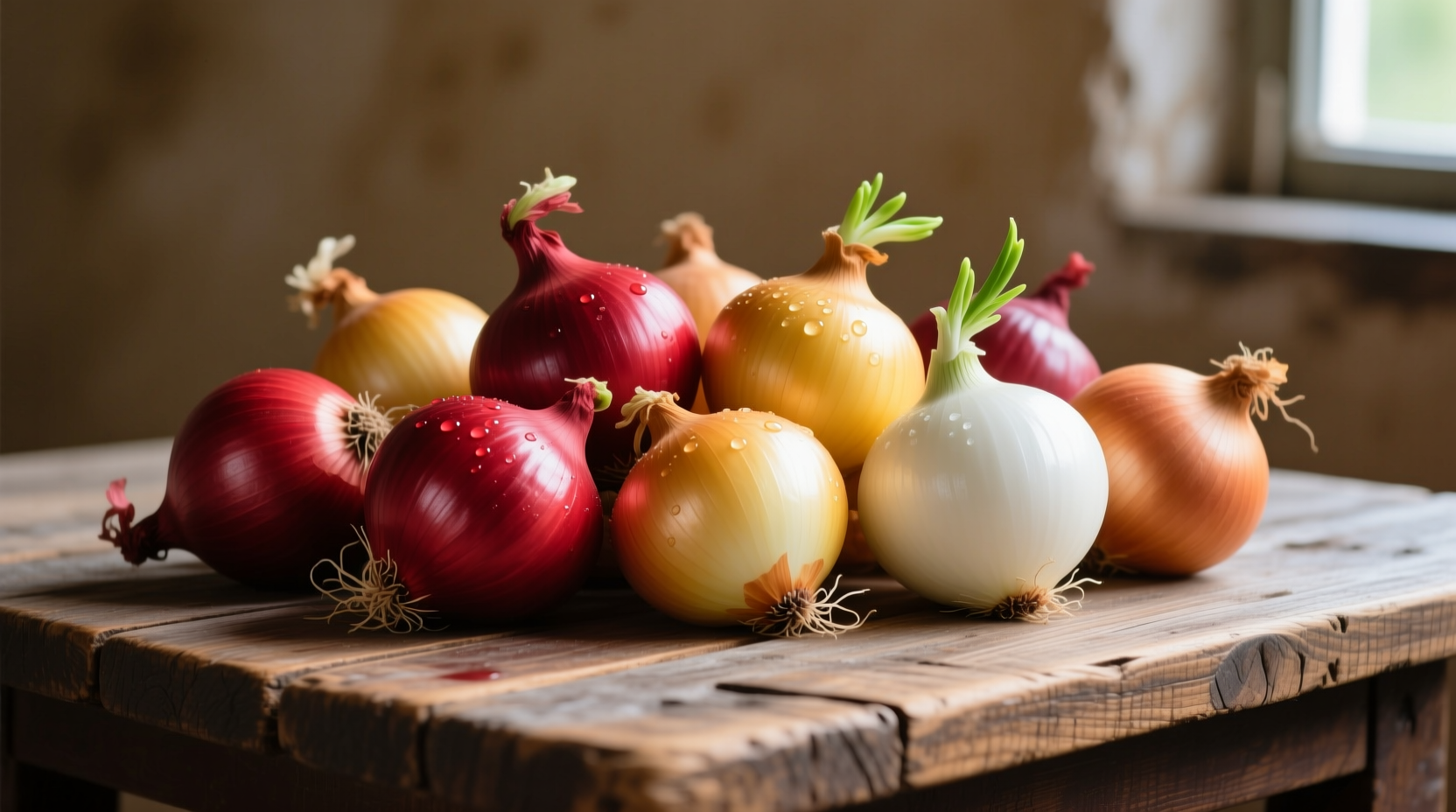 Colorful assortment of red, yellow, and white onions on wooden table