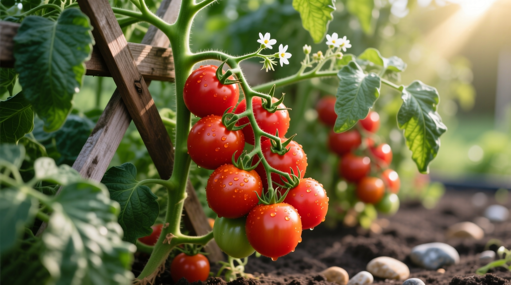 Tomato plant with ripe red fruit growing on vine
