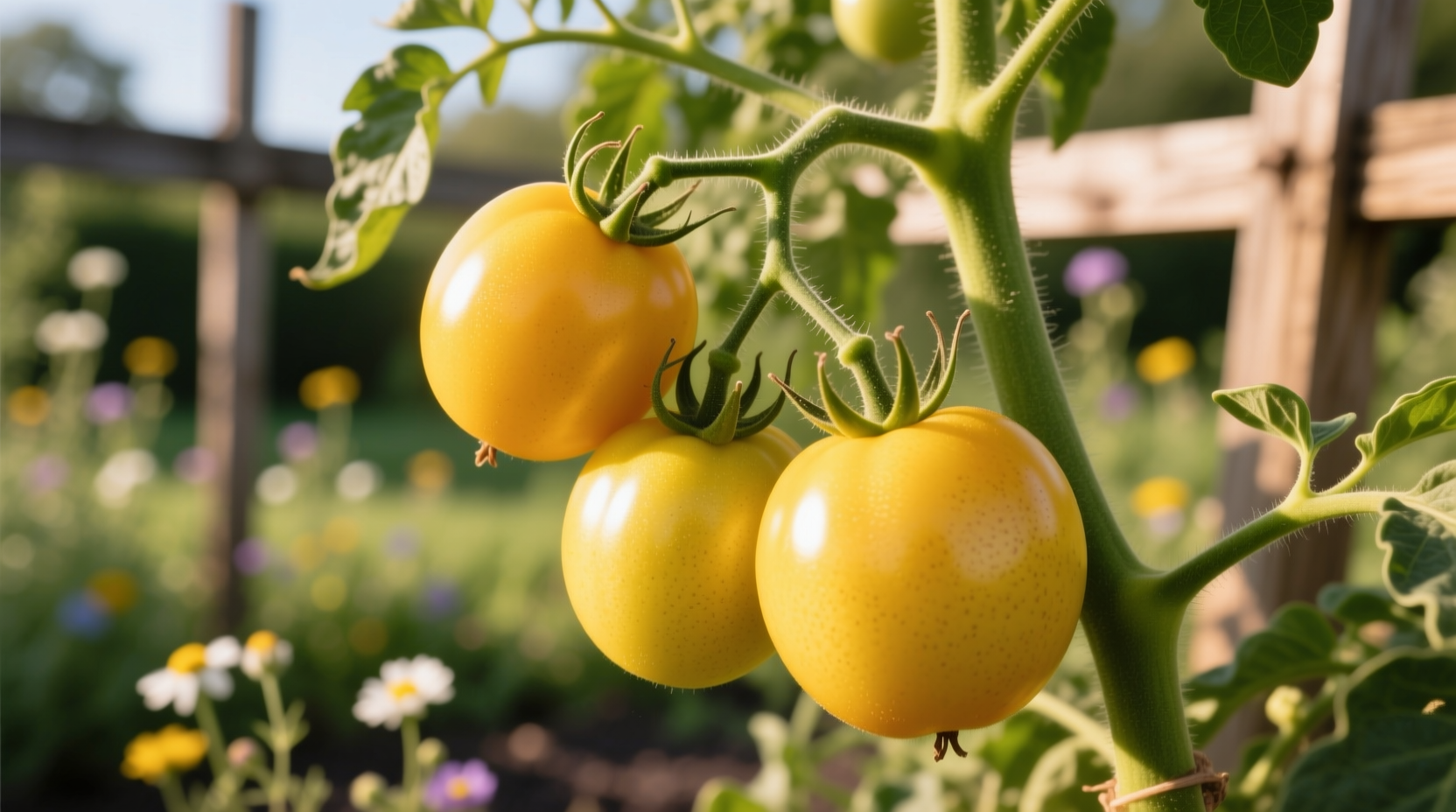 Yellow pear tomatoes hanging on vine in garden