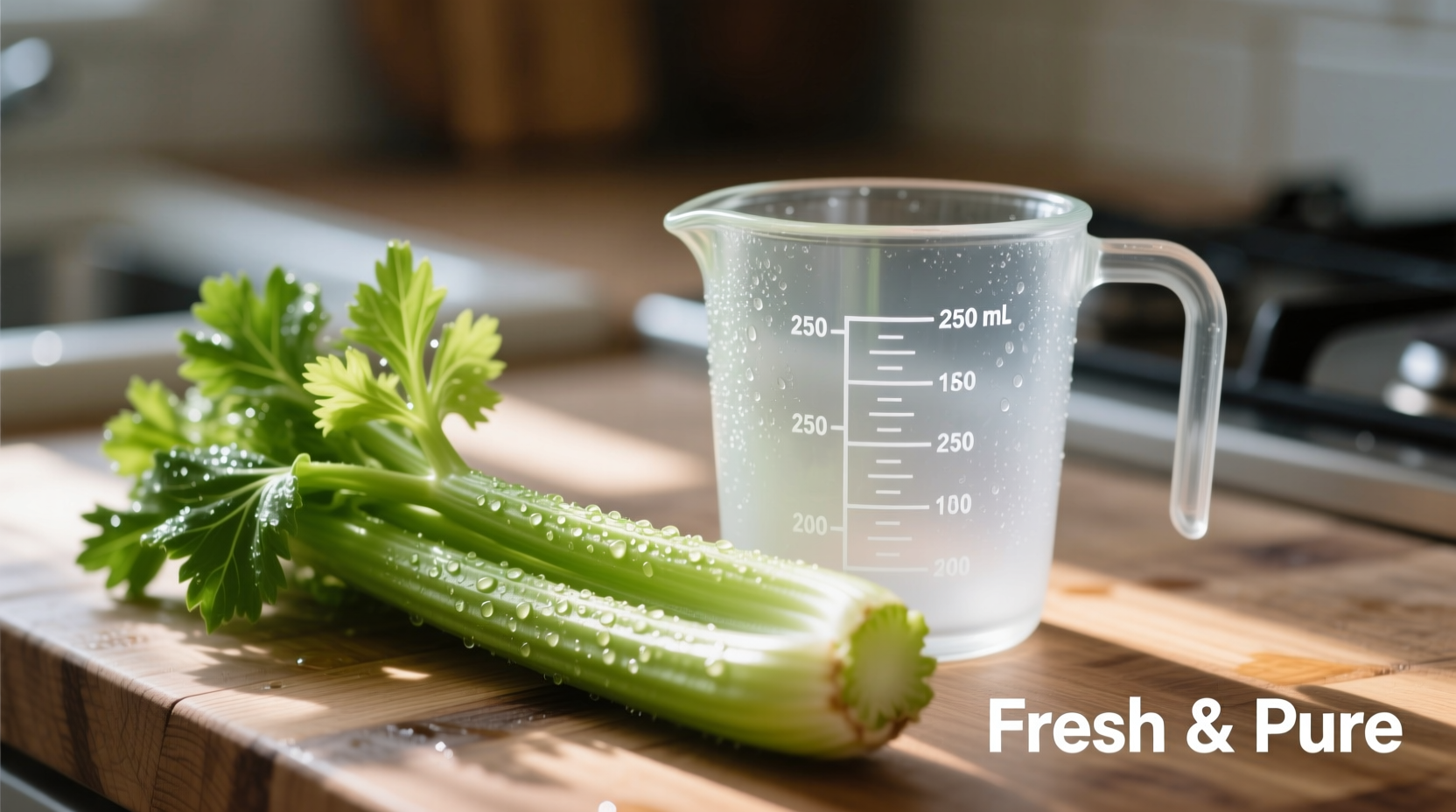 Fresh celery stalk next to measuring cup