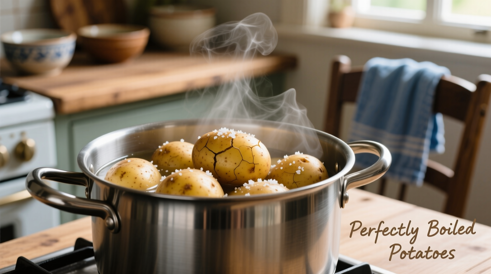 Perfectly boiled potatoes in a pot with steam rising