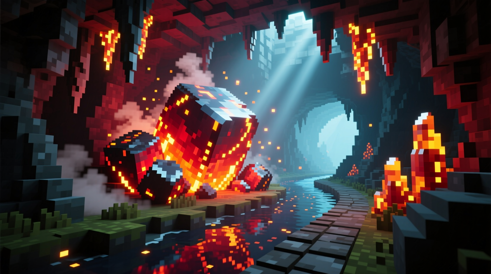 Iron ore blocks glowing in Minecraft cave system