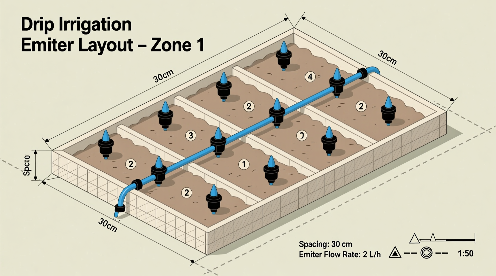 Drip emitter placement diagram for garden irrigation