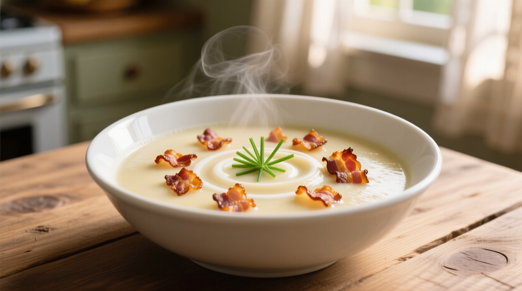 Creamy potato soup with bacon garnish in white bowl