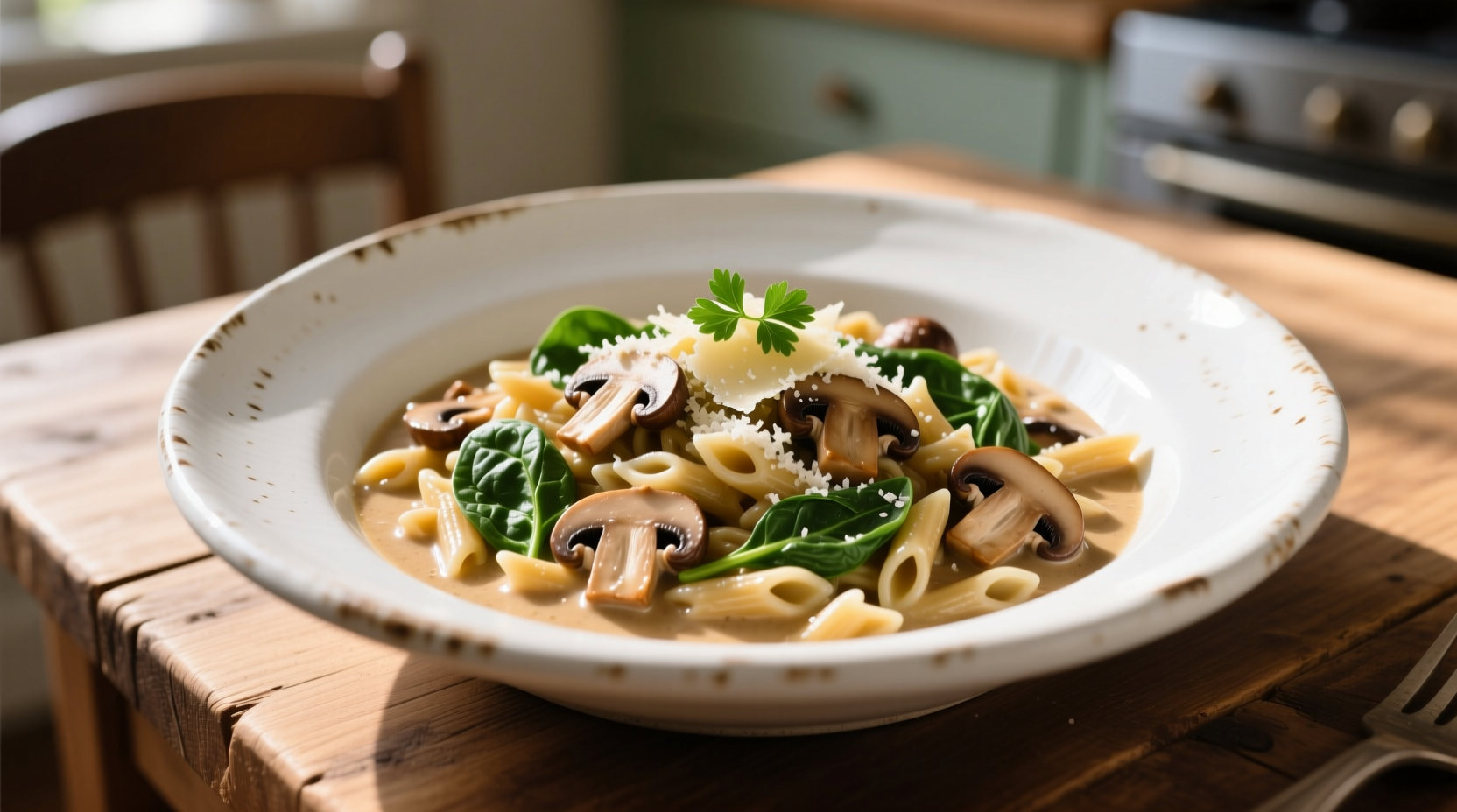 Creamy mushroom spinach orzo in white ceramic bowl