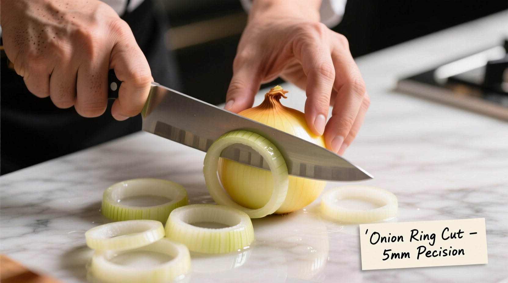 Chef's hands demonstrating proper onion ring cutting technique
