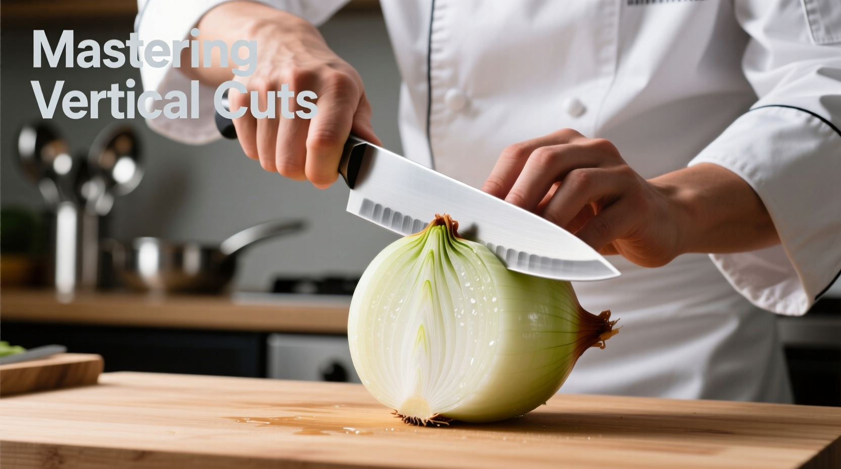 Chef demonstrating vertical cuts on onion