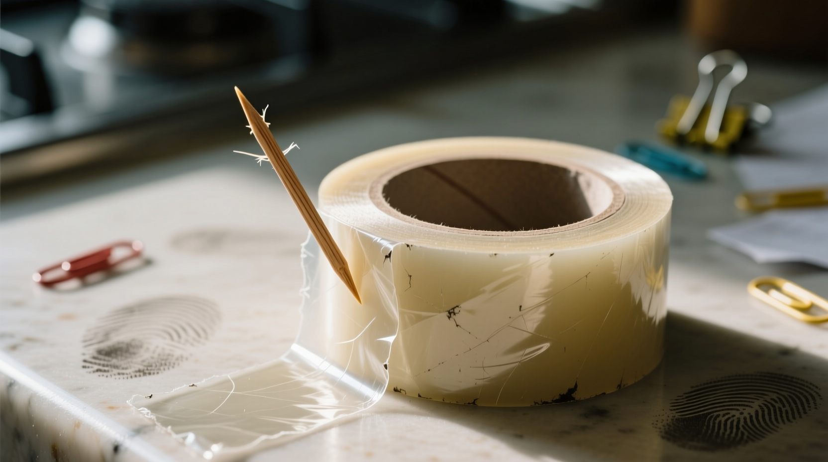 mark the end of a roll of tape with a toothpick for eas