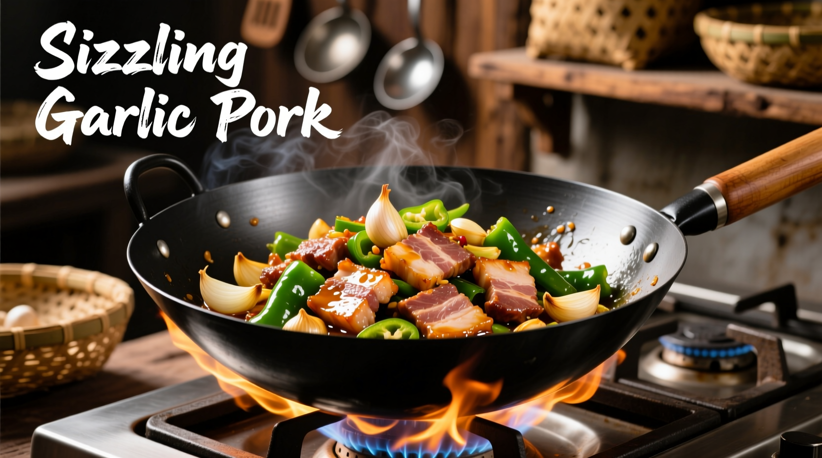 Sizzling pork in garlic sauce in wok with fresh ingredients