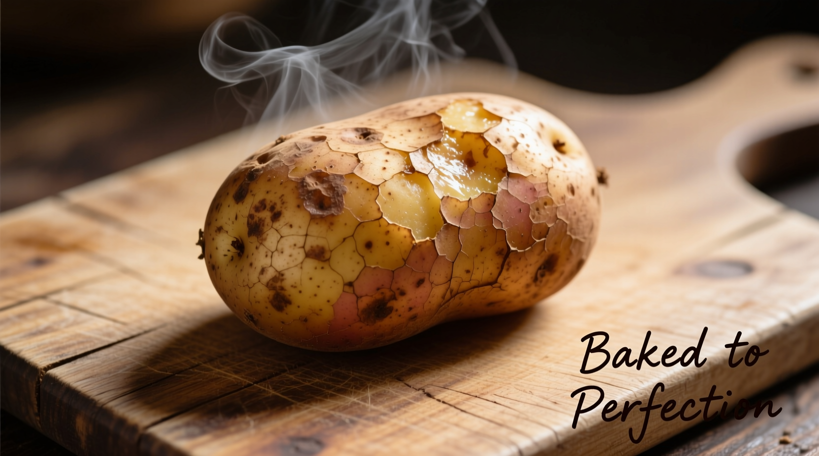 Freshly baked russet potato on wooden cutting board