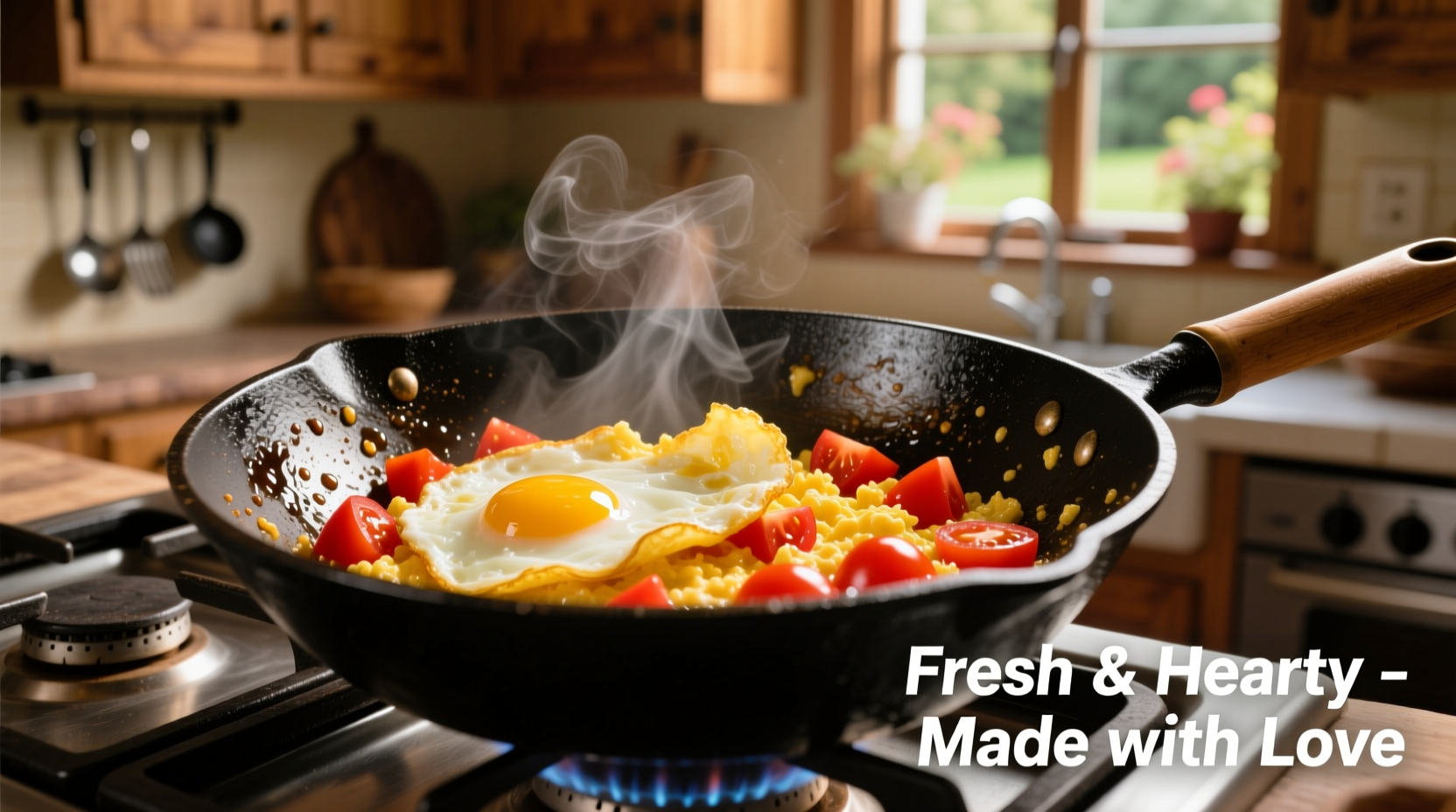 Golden scrambled eggs with ripe tomatoes in wok