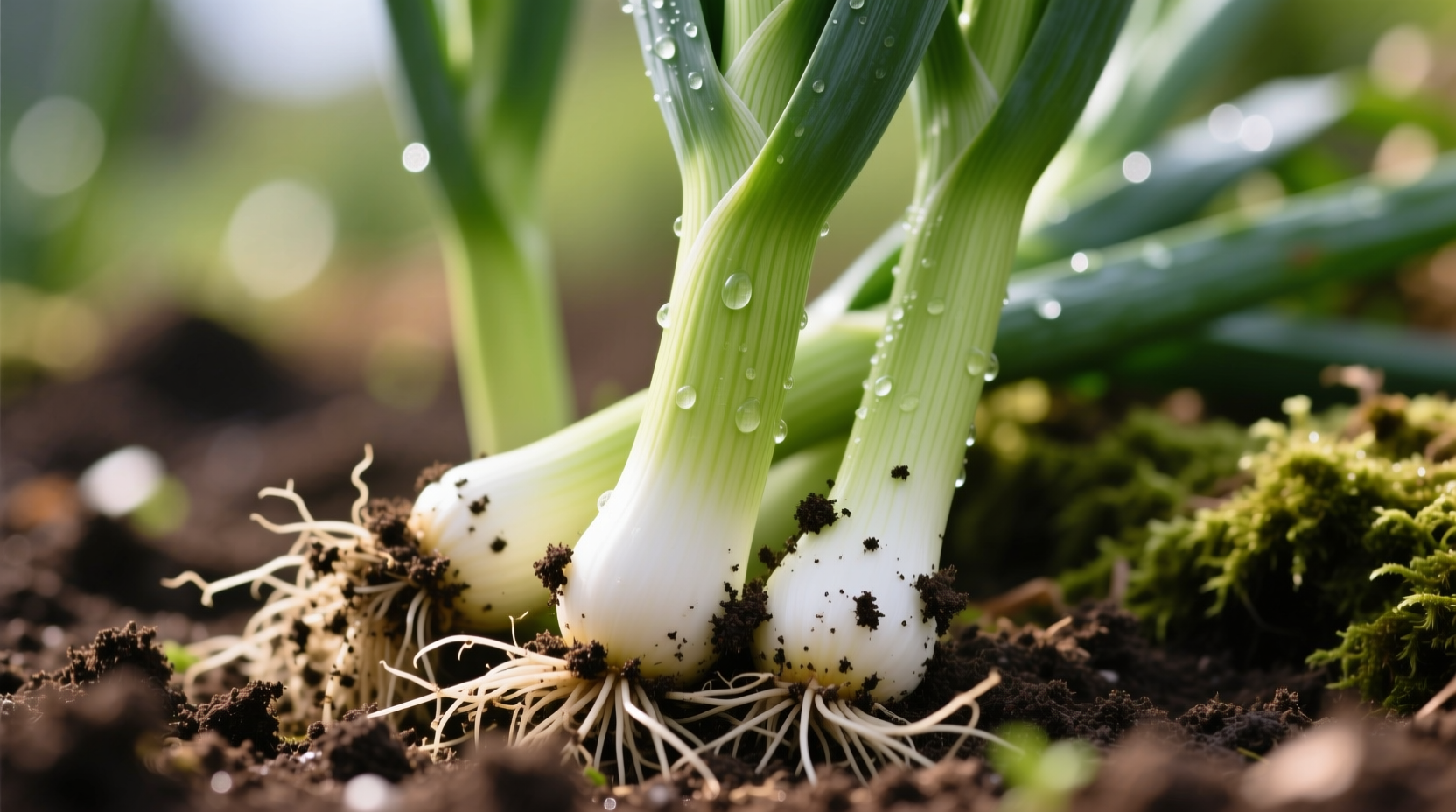 Fresh leeks with soil still visible on roots