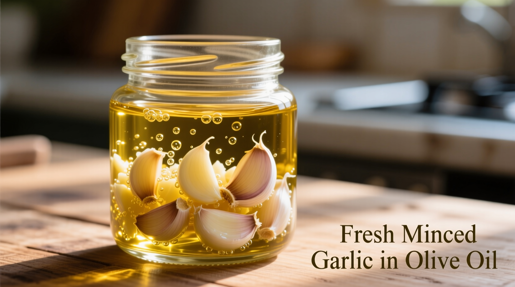 Fresh minced garlic in glass jar with olive oil