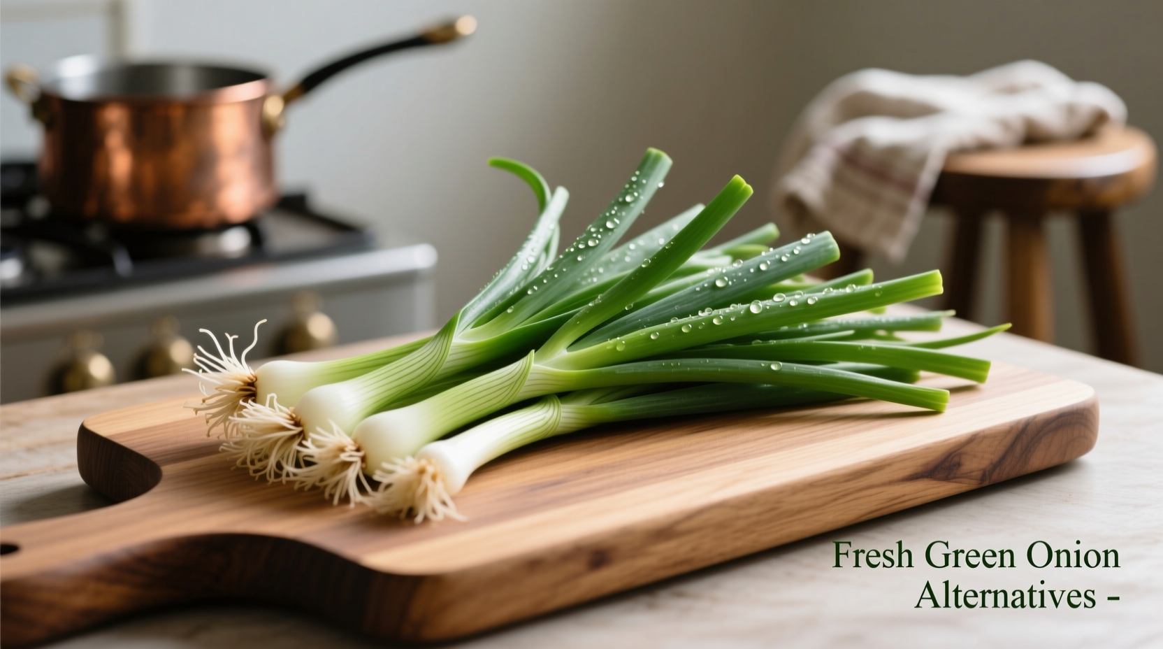 Fresh green onion alternatives arranged on wooden cutting board