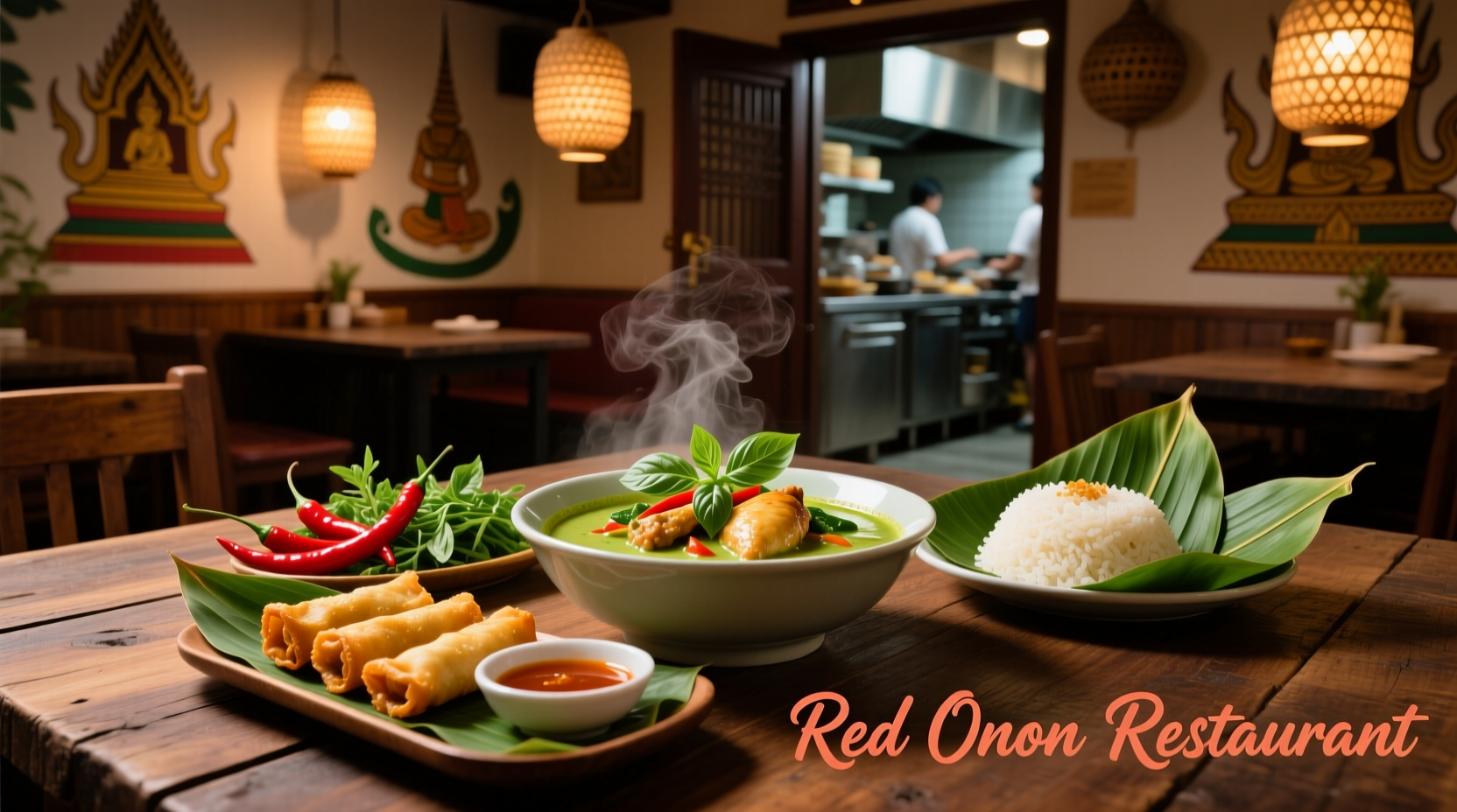 Traditionelle thailändische Gerichte mit roten Zwiebeln als Garnitur