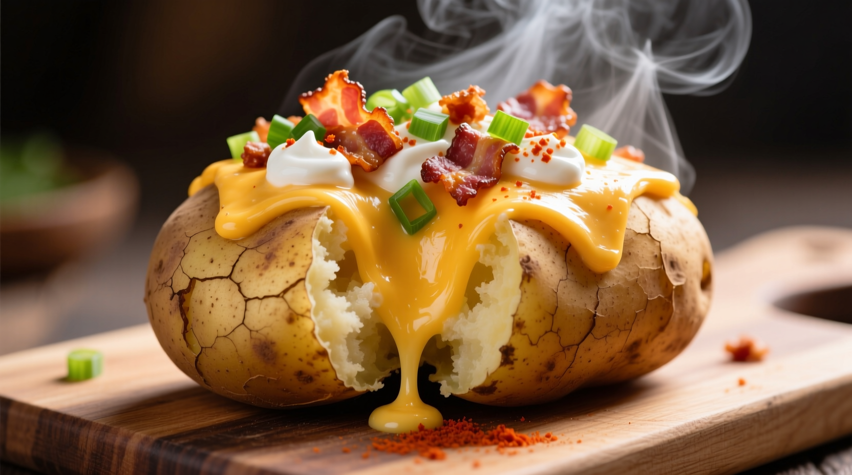 Freshly prepared loaded baked potato with melted cheese and toppings