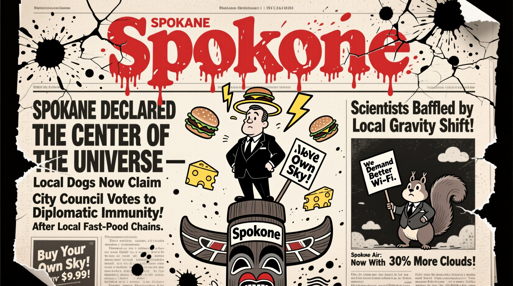 Satirical newspaper layout with Spokane headline