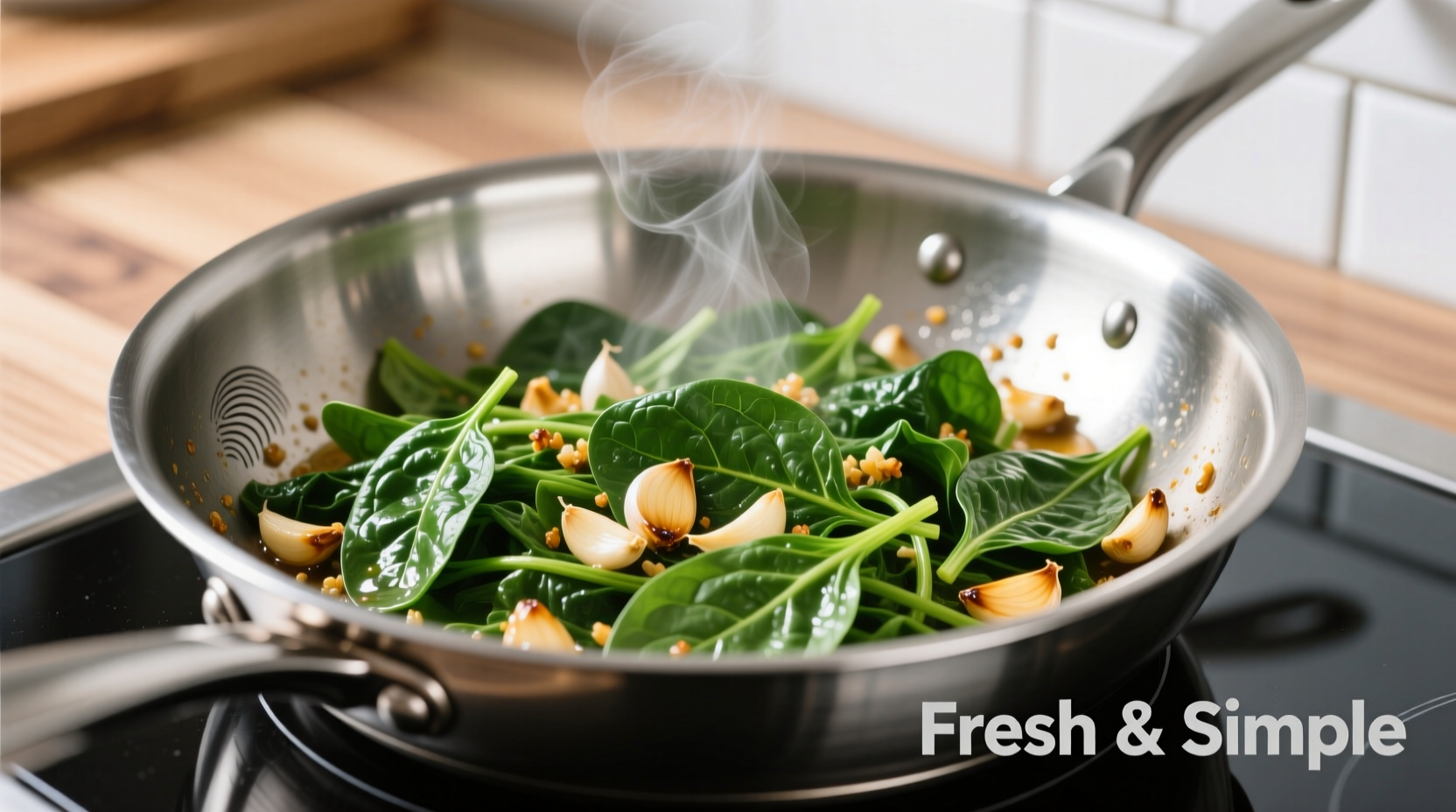 Fresh spinach sautéed with garlic in stainless steel pan