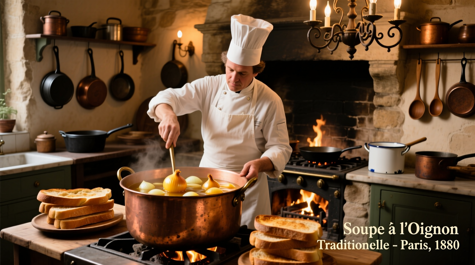 Historic French onion soup preparation in Paris kitchen