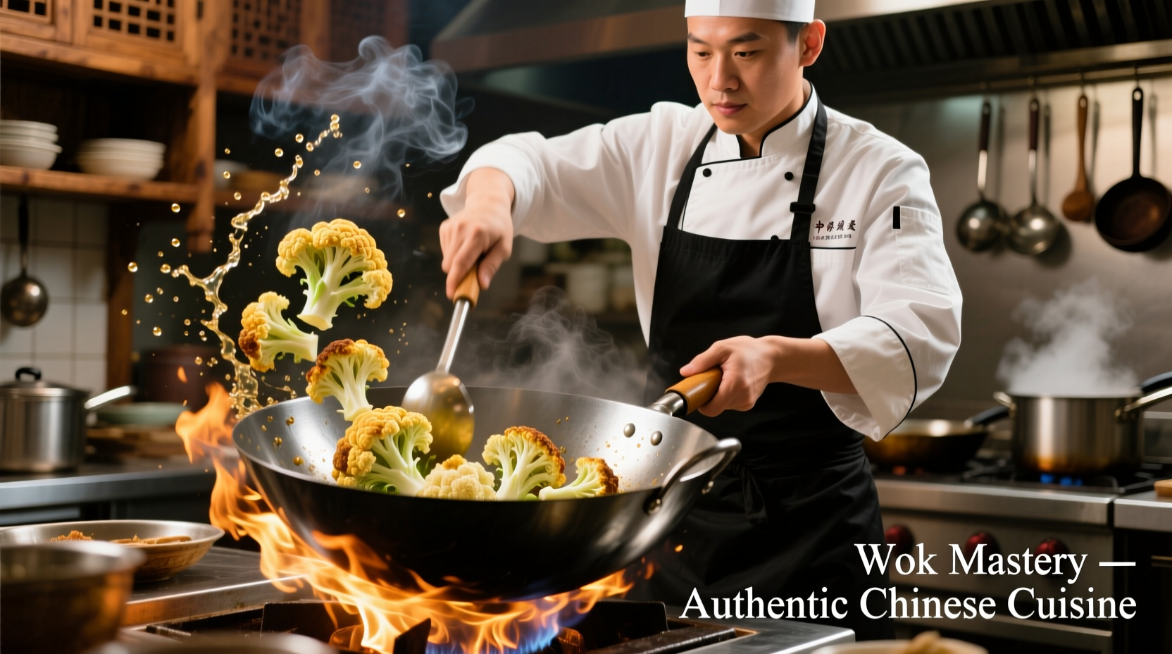Chinese chef stir-frying cauliflower in wok