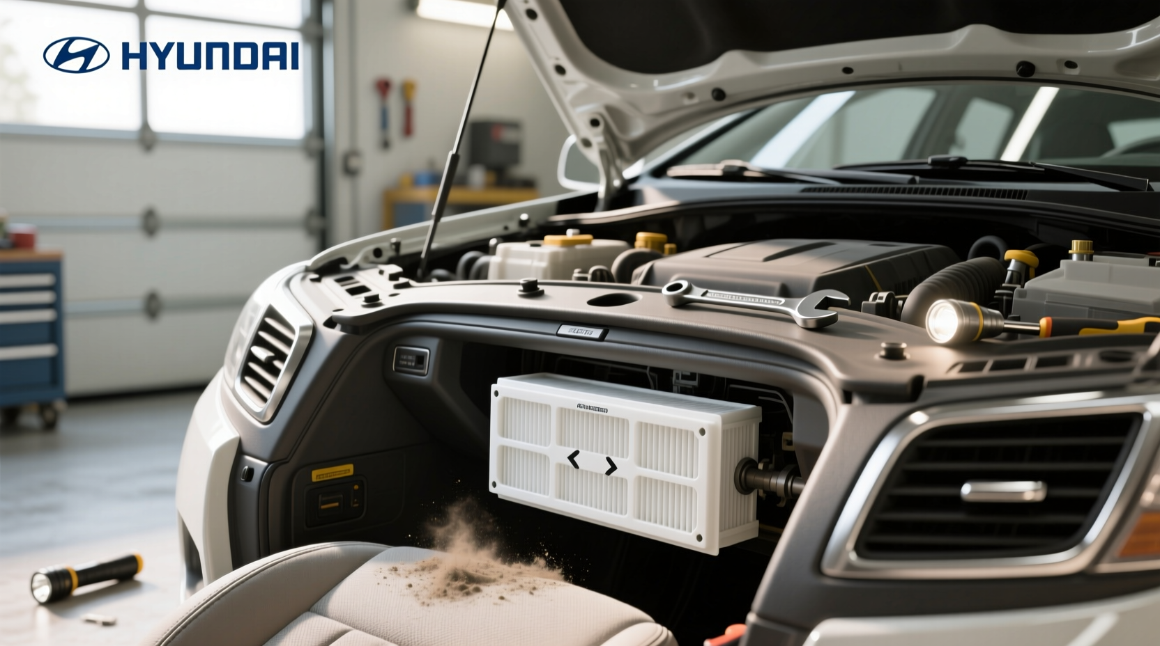 Close-up view of a cabin air filter removed from a 2012 Hyundai Sonata showing accumulated dust and debris
