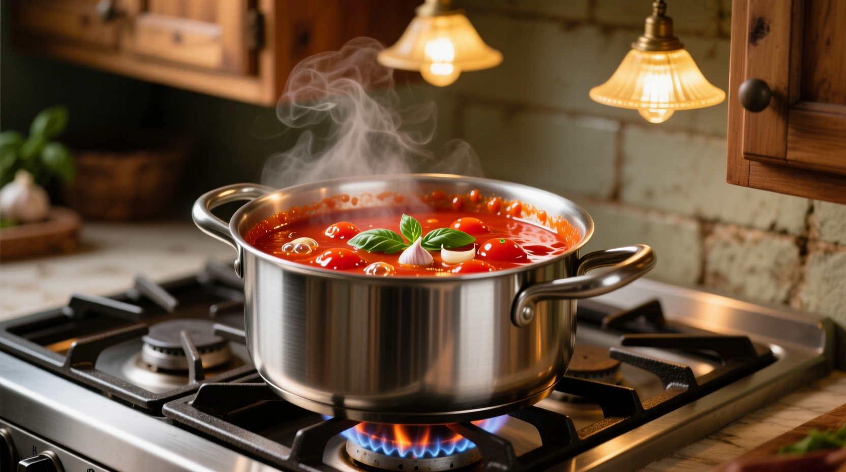 Stainless steel pot with vibrant red tomato sauce simmering