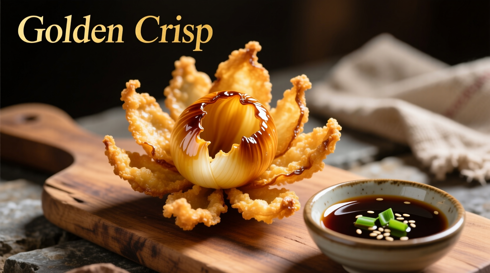 Crispy golden onion blossom served with dipping sauce