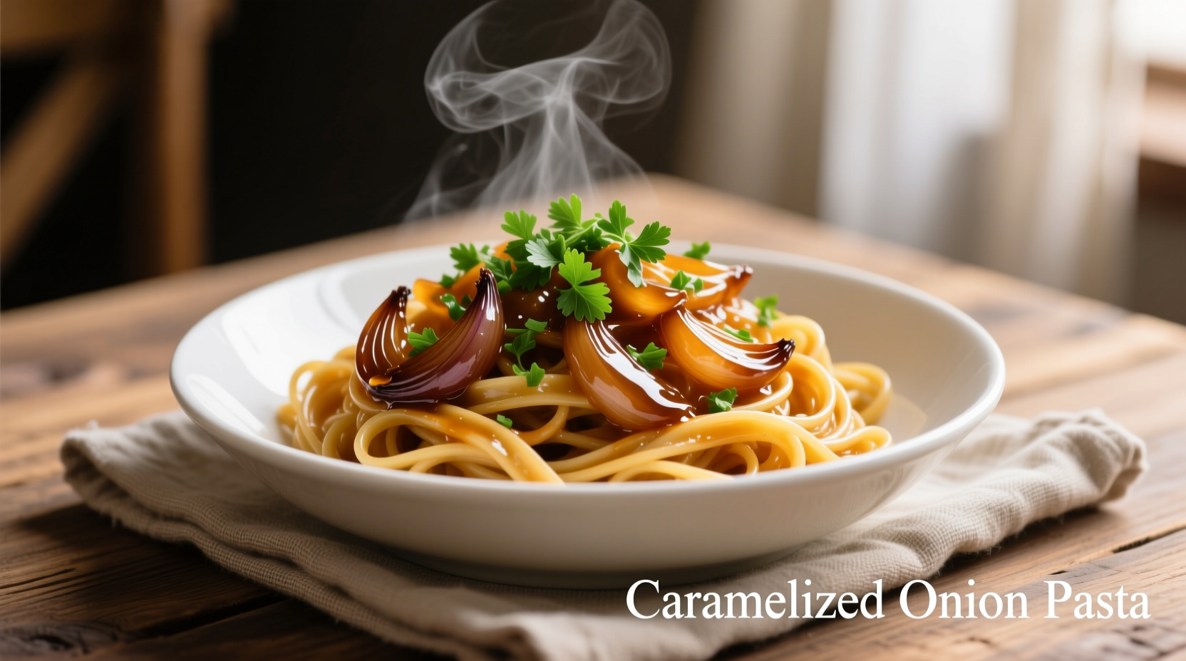 Caramelized onion pasta in white bowl with fresh parsley