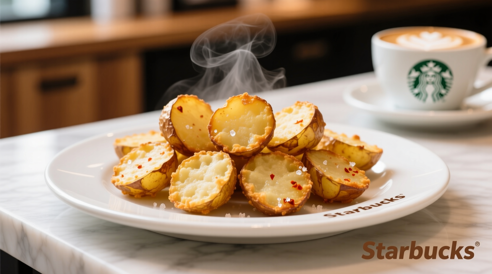 Crispy golden Starbucks potato bites on white plate