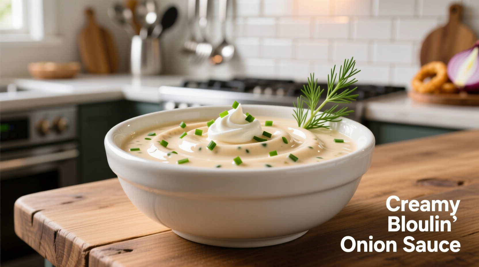 Creamy bloomin onion dipping sauce in white bowl