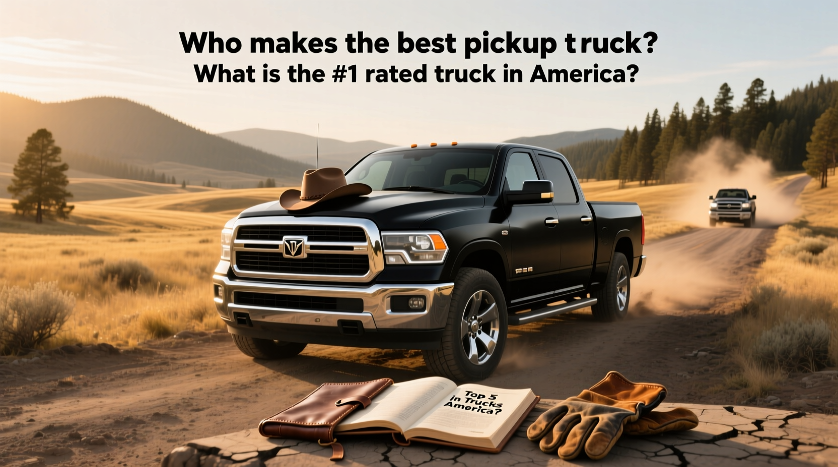 Top American pickup trucks on rural road at sunset