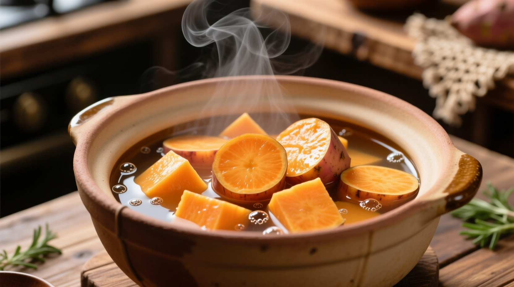 Perfectly boiled sweet potato cubes in a pot