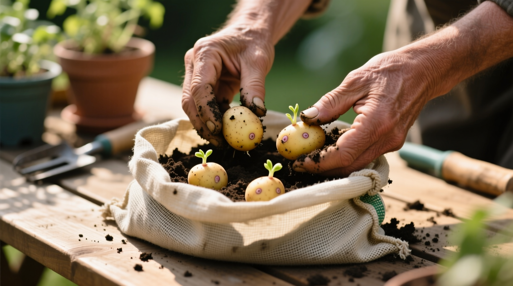 Hands planting seed potatoes in fabric grow bag