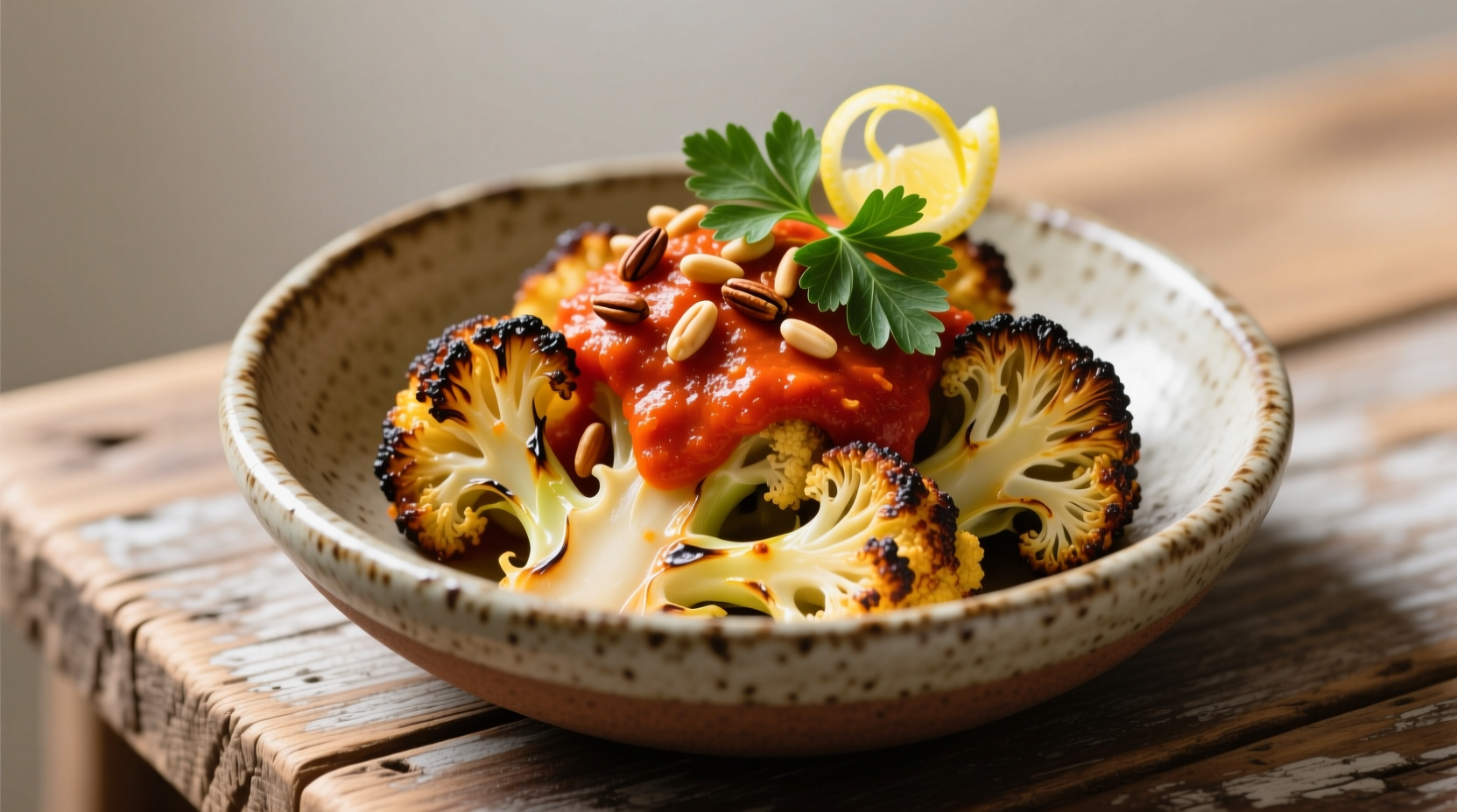 Romesco cauliflower served in ceramic bowl with garnish