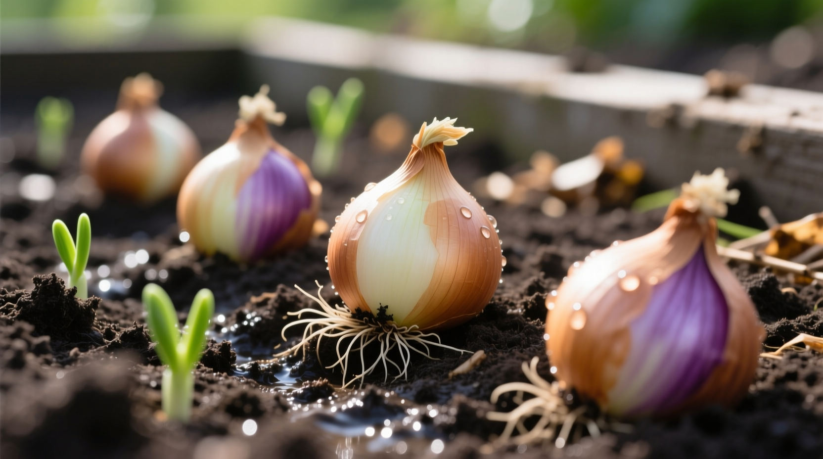 Close-up of onion sets planted in garden soil