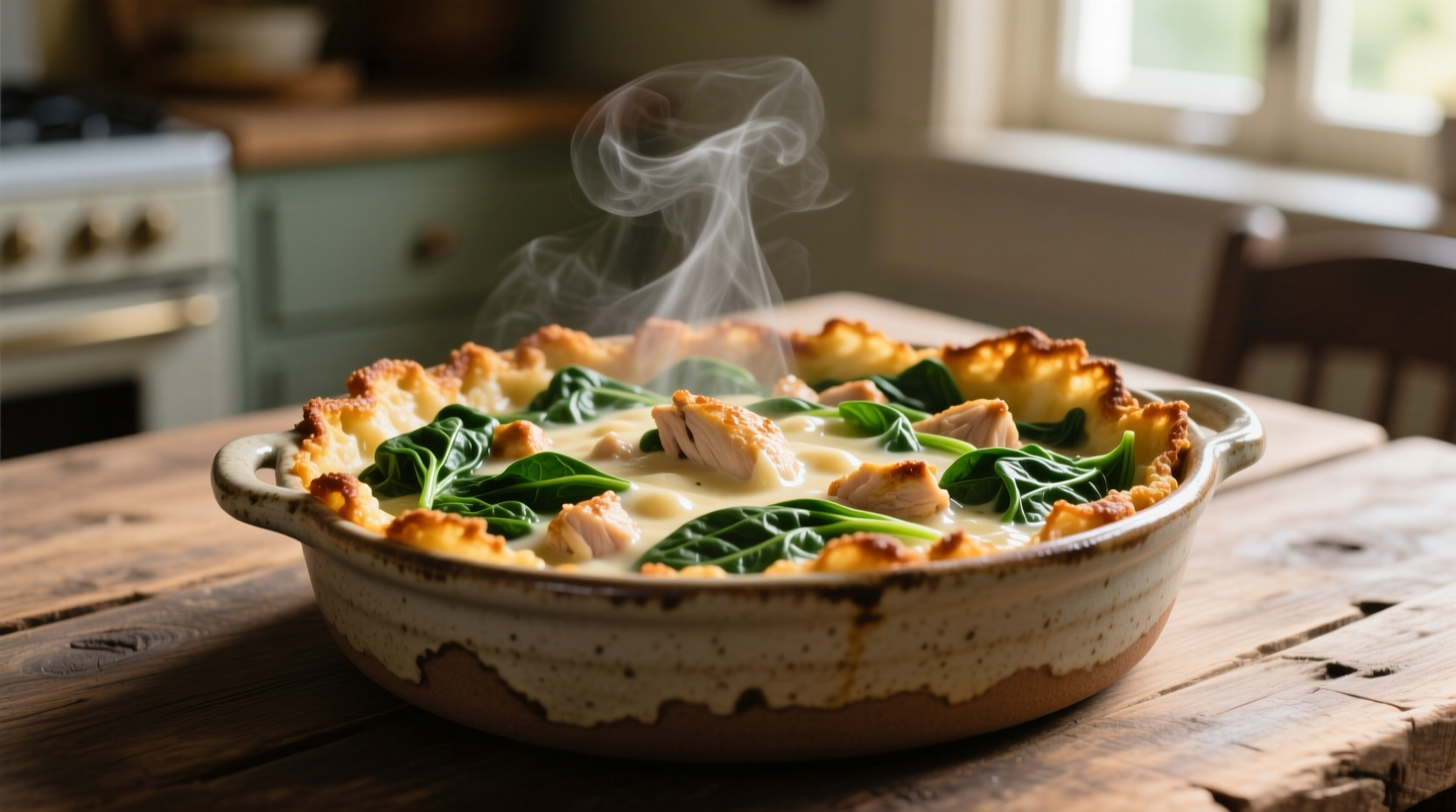 Bubbling spinach and chicken casserole in ceramic dish