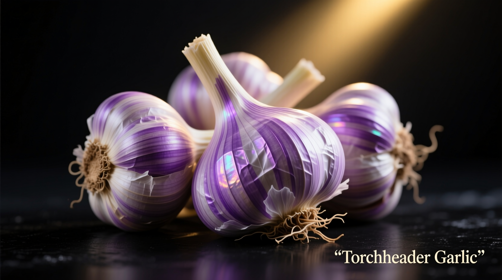 Torchbearer garlic bulbs with purple-striped wrappers