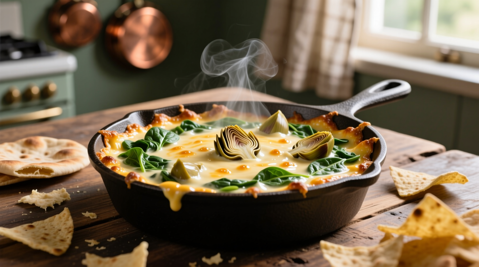 Creamy hot spinach artichoke dip in cast iron skillet