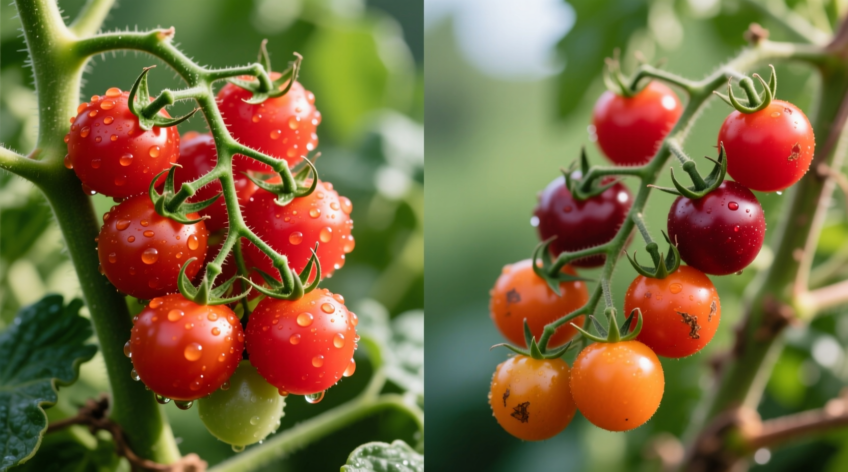 Side-by-side comparison of grape and cherry tomatoes on vine