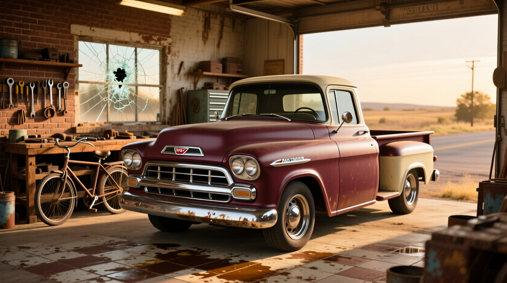 Side view of a 1957 Chevrolet Cameo Pickup highlighting its sleek lines and chrome trim