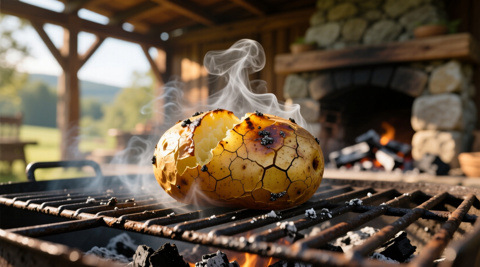 Crispy baked potato on charcoal grill with steam rising