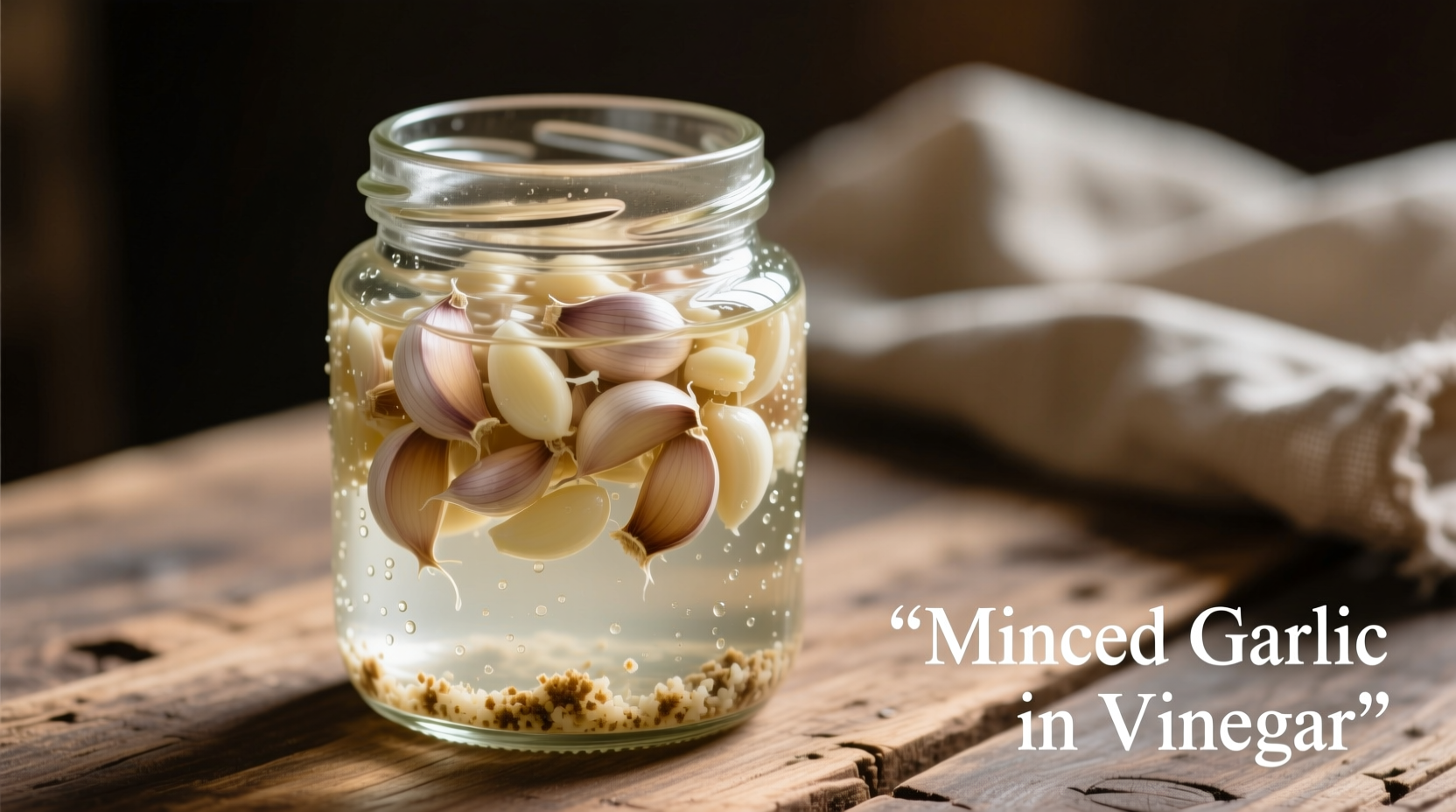 Glass jar of minced garlic in vinegar solution