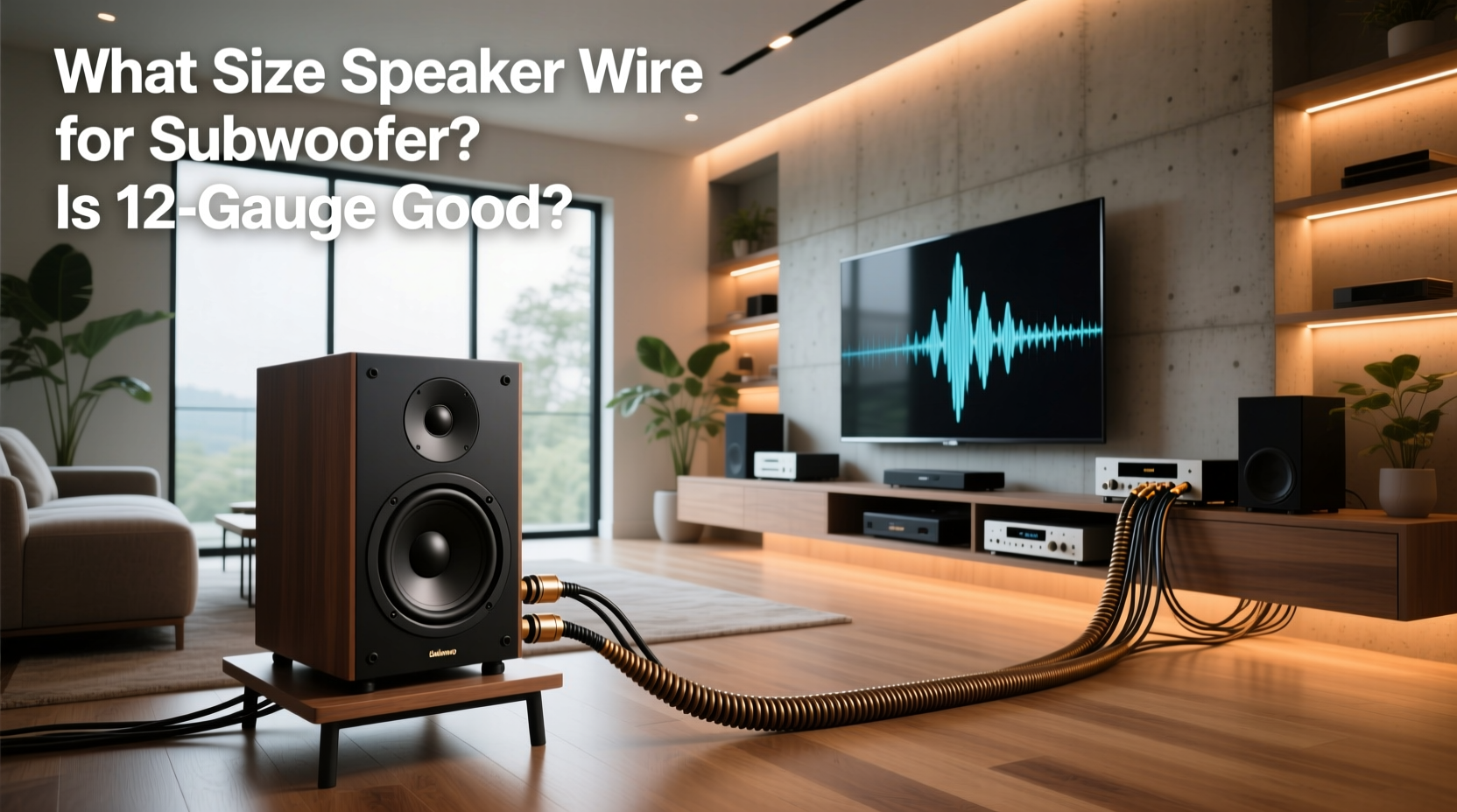 Comparison of different gauge speaker wires next to a 12-inch subwoofer