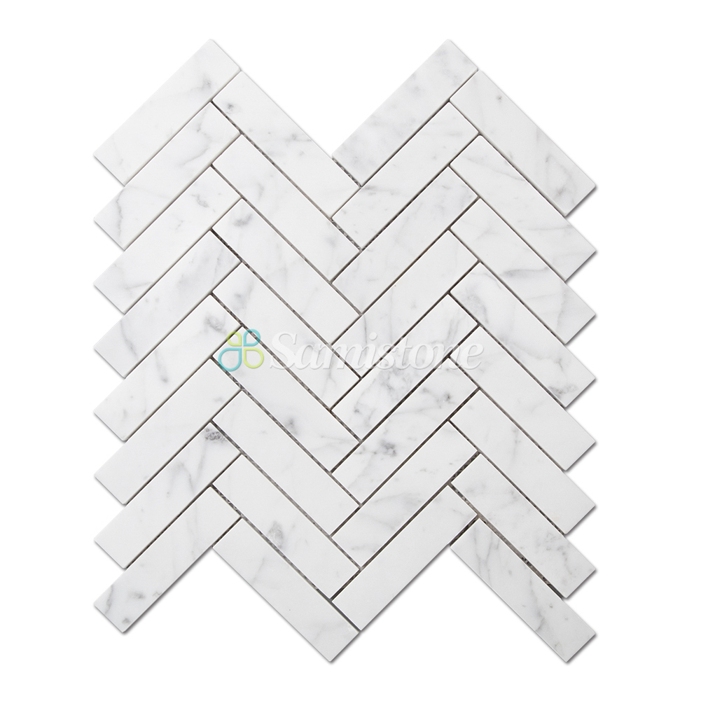 Samistone 1"x4" White Carrara Marble Tile Mosaic Herringbone Mosaic Bathroom Floor Tile